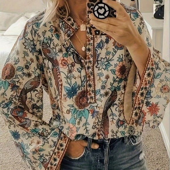 . Tops - Multicolor Boho Women's Floral Print Full Sleeve Bell Sleeve Blouse